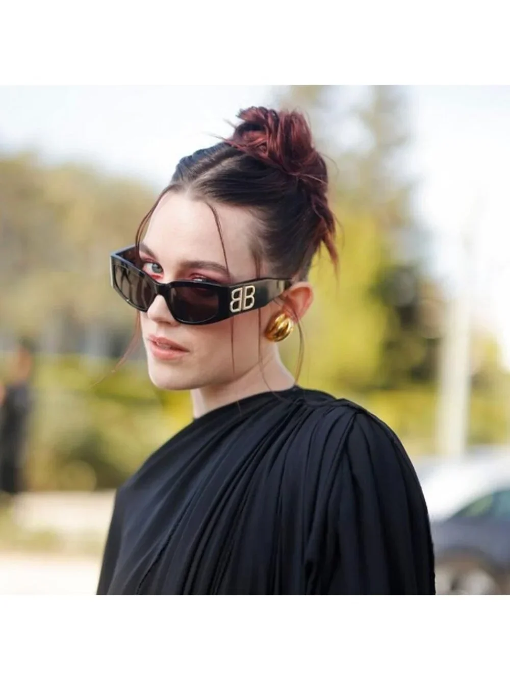 Balenciaga BB0321S 008 Sunglasses Dark Havana Cat Eye Frame, Brown Lenses